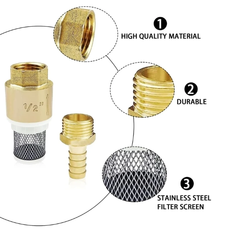 Check Valves 1/2Inch Brass Foot Valves With Hose Connection Backflow Prevention Brass Check Valves Filter Bottom Valves