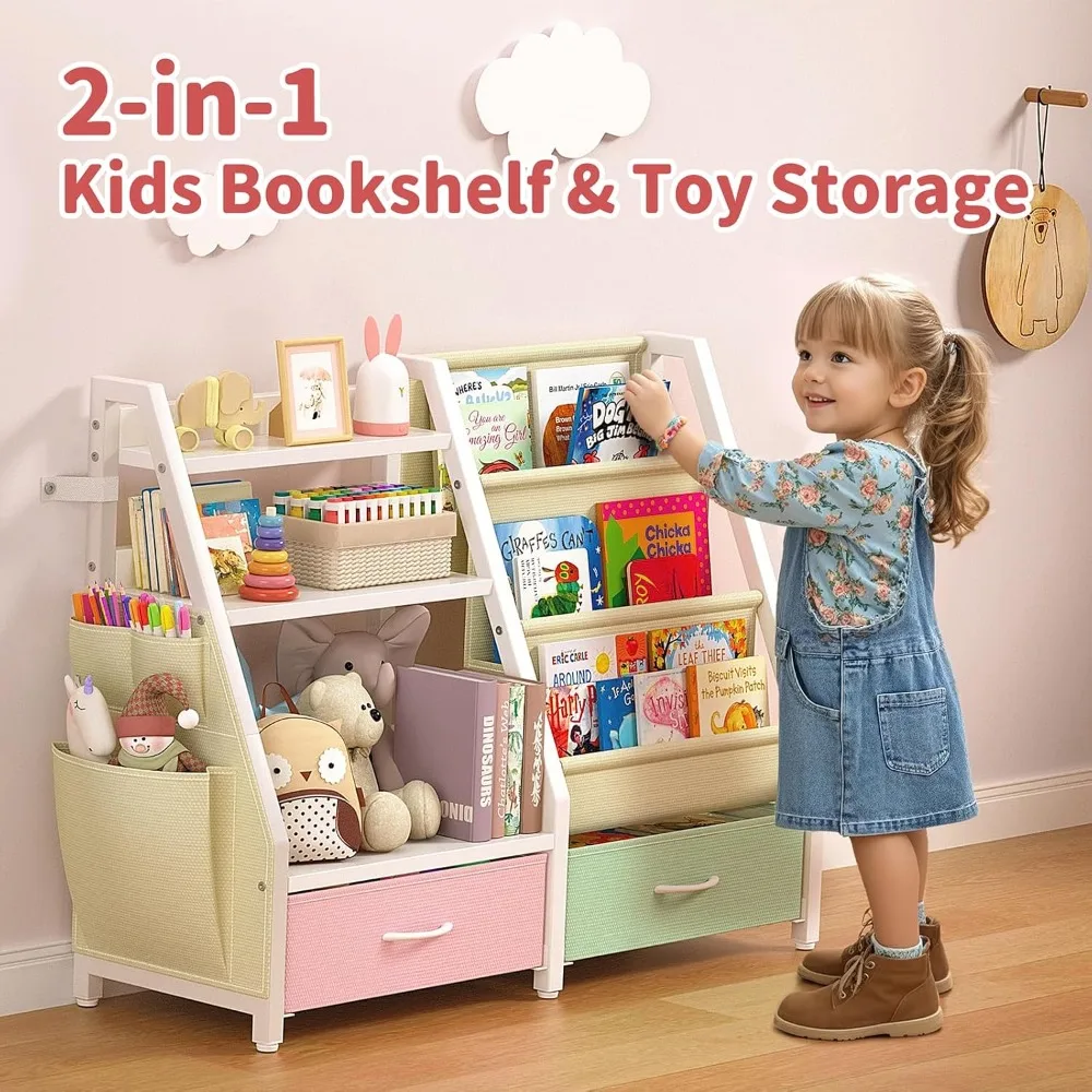 رف كتب وقوي للأطفال الصغار من مونتيسوري مكون من 3 طبقات ومنظم ألعاب مع أرفف كتب وصناديق تخزين