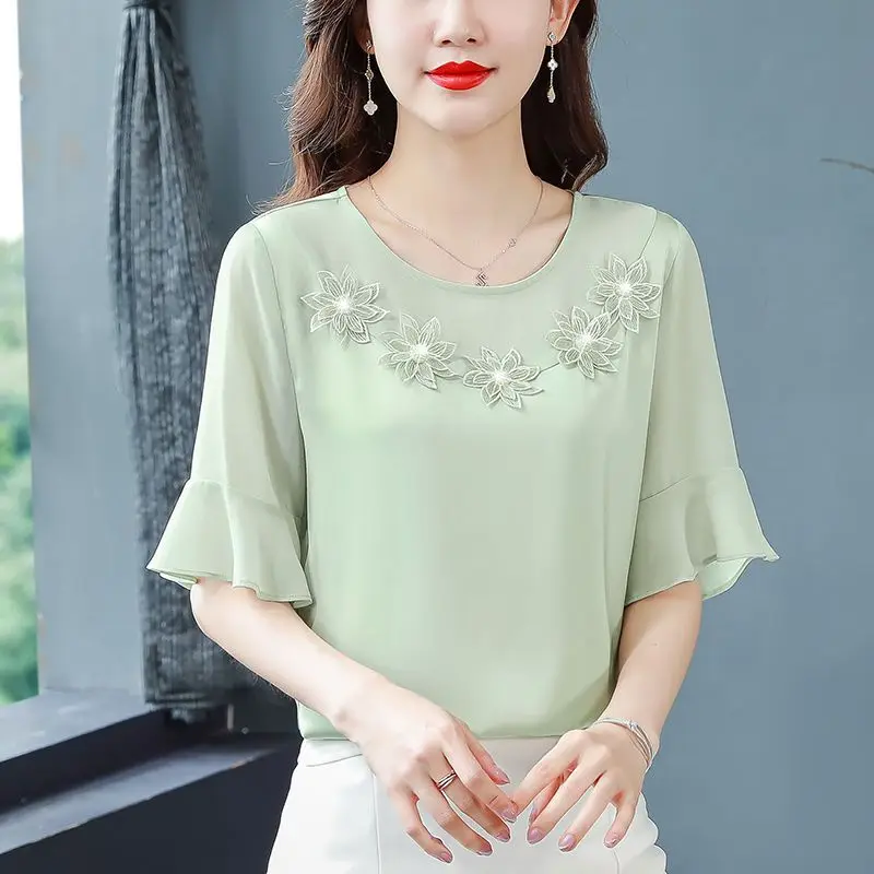 Summer New Chiffon Loose All-match Shirt Tops Round Neck Flare Sleeve Solid Color Blouse Elegant Fashion Women Clothing