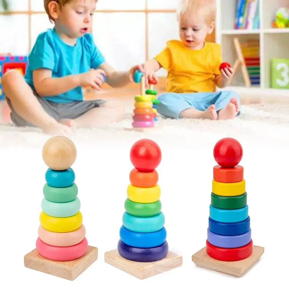 Rainbow Stacker Wooden Ring Educational Toy Kids Tower Stack Up Blocks Color Shape Game Baby Montessori Toys for Children Gifts