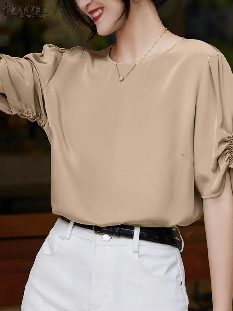 ZANZEA Casual Loose 2024 Summer Blouses Ruched Short Sleeve Solid Color O Neck Elegant Blusas OL Women Stylish Fashion Shirts