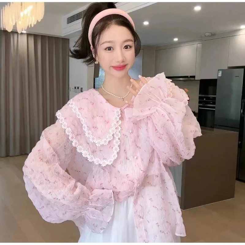 

Милые женские рубашки с двухслойным воротником и цветочным принтом, новинка 2023 года, свободные женские топы с длинными рукавами, модные универсальные блузки с принтом