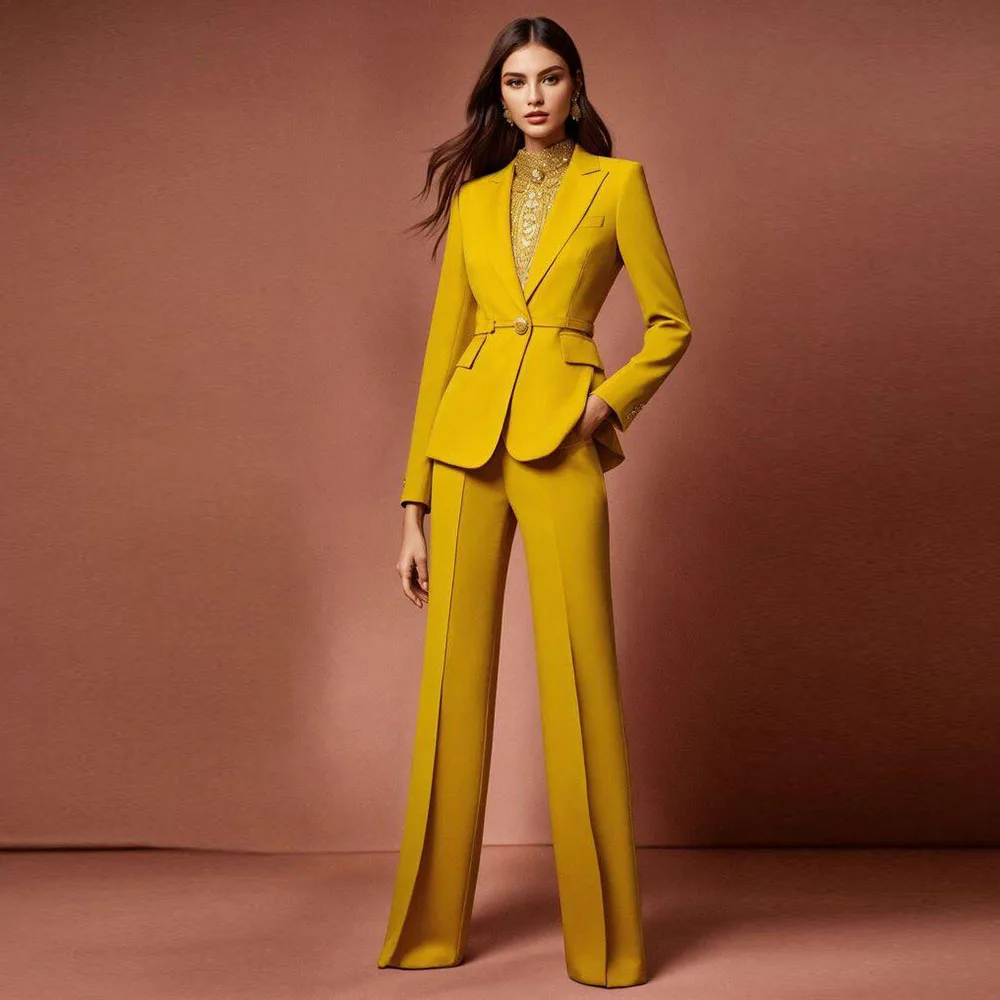 Slim Women Suits Fashion Yellow 2 Pieces Jacket Pant One Button Peak Lapel Formal Occasion Female Clothing Stylish Luxury