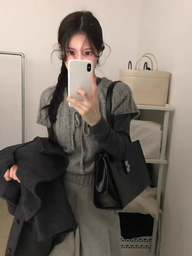 

Korean Sle ort Sve Knitted Sweater Women's Faion oulder Insert Design Outerwear Vest Spring Autumn Seasonal Wear