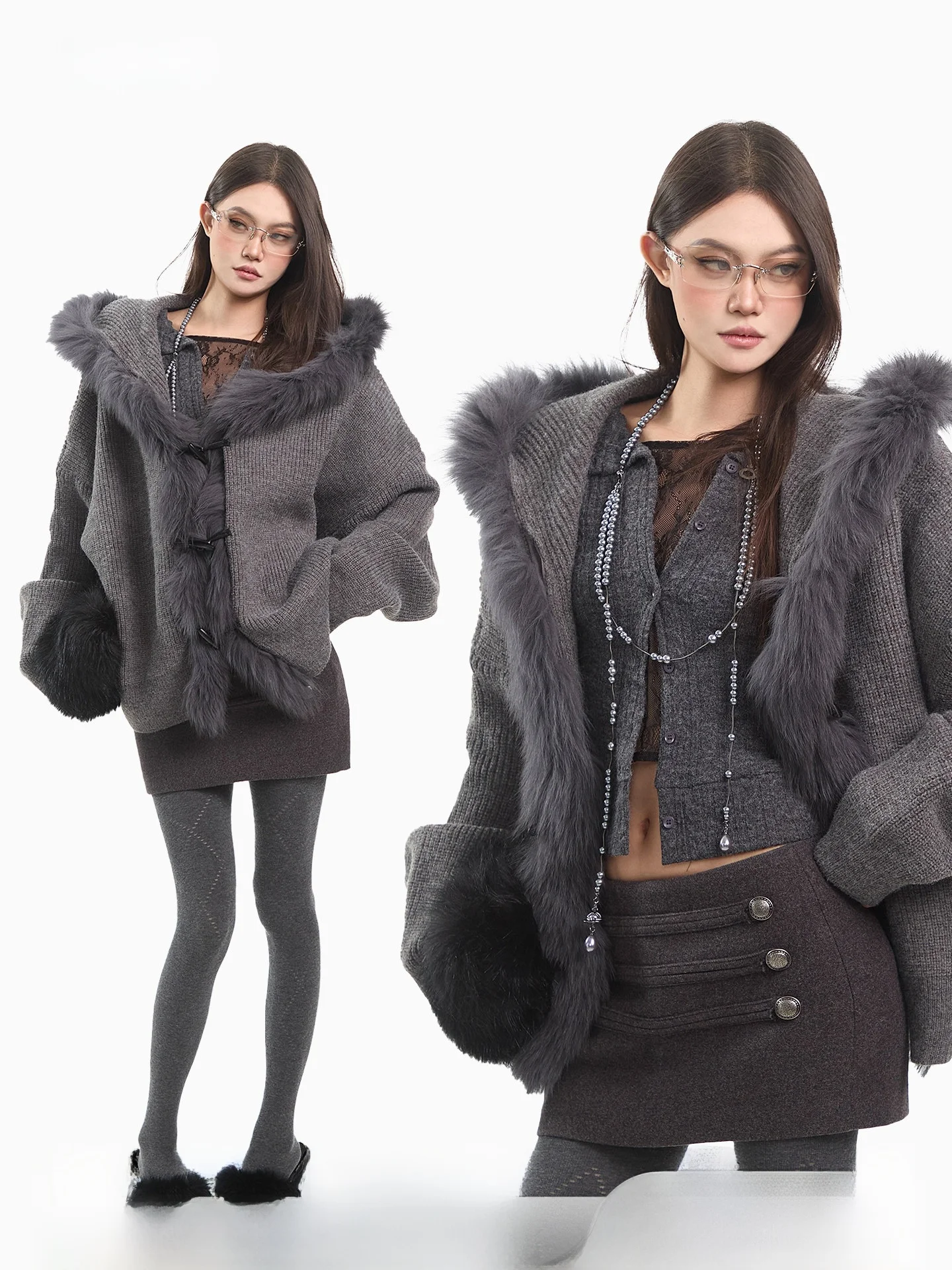 

CCUP SPACE Vintage ey Fce Lined Knitted Hoodie Cardigan Women's Winter Warm Top Loose Fit Long Sve mid Length