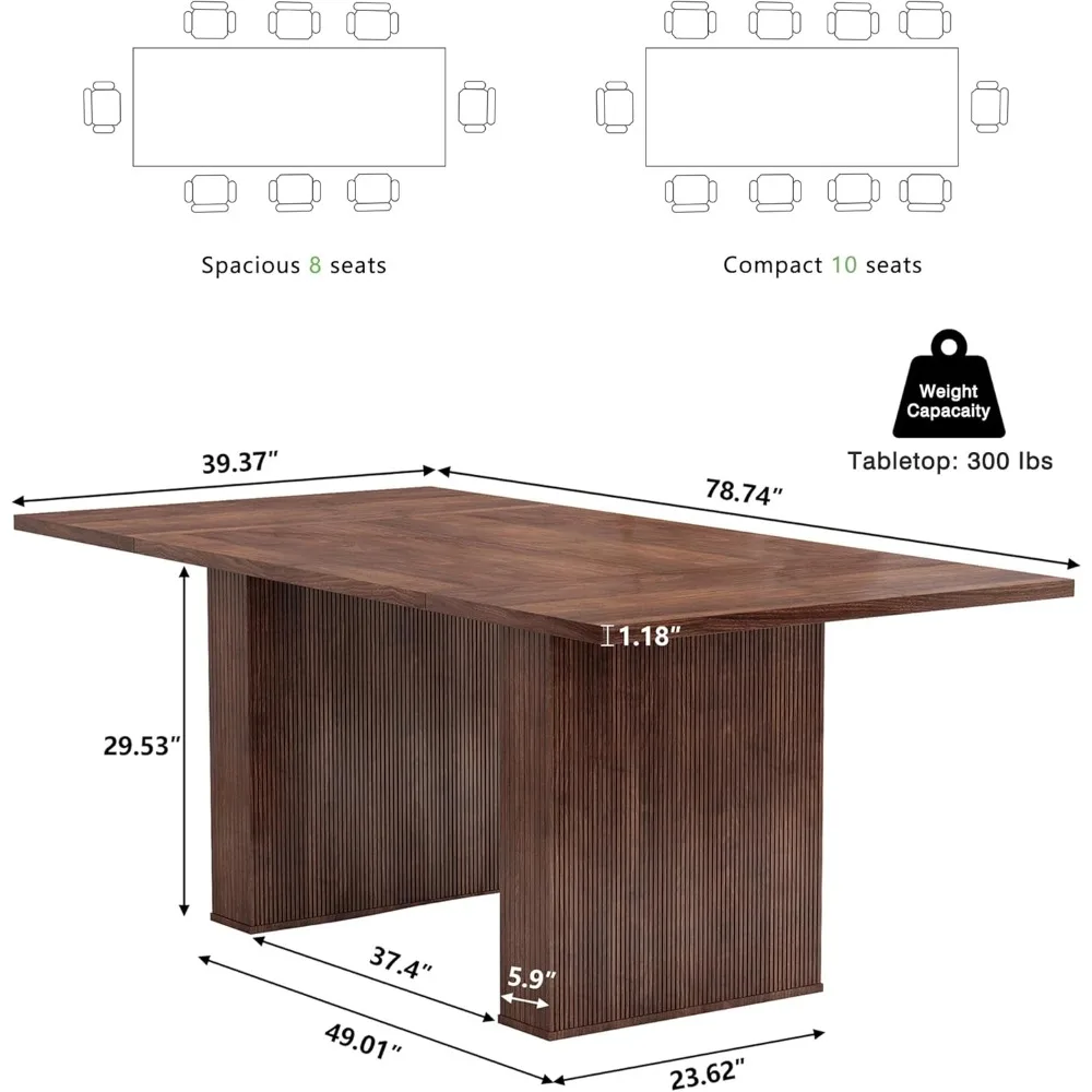 78 Inch Dining Table for 6 8 10, Modern Farmhouse Rectangular Kitchen Table, Long Dining Room Tables with Wood Strip Base