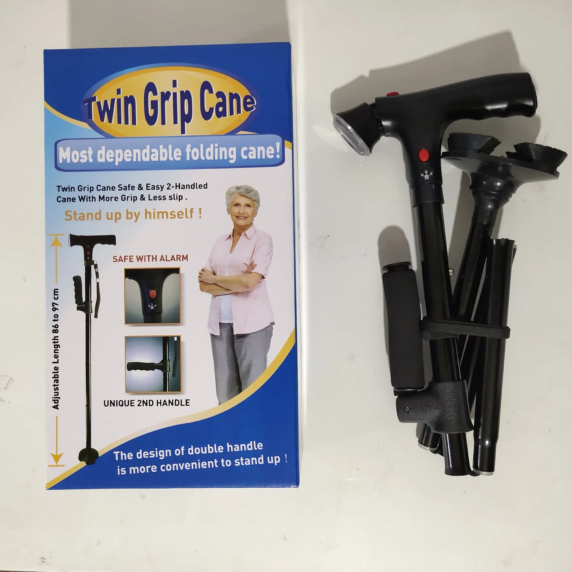 Elderly Folding Walking Stick with Dual Handles, LED Lamp and Safety Alarm, Anti-fall Walking Cane for Hiking and Daily Use