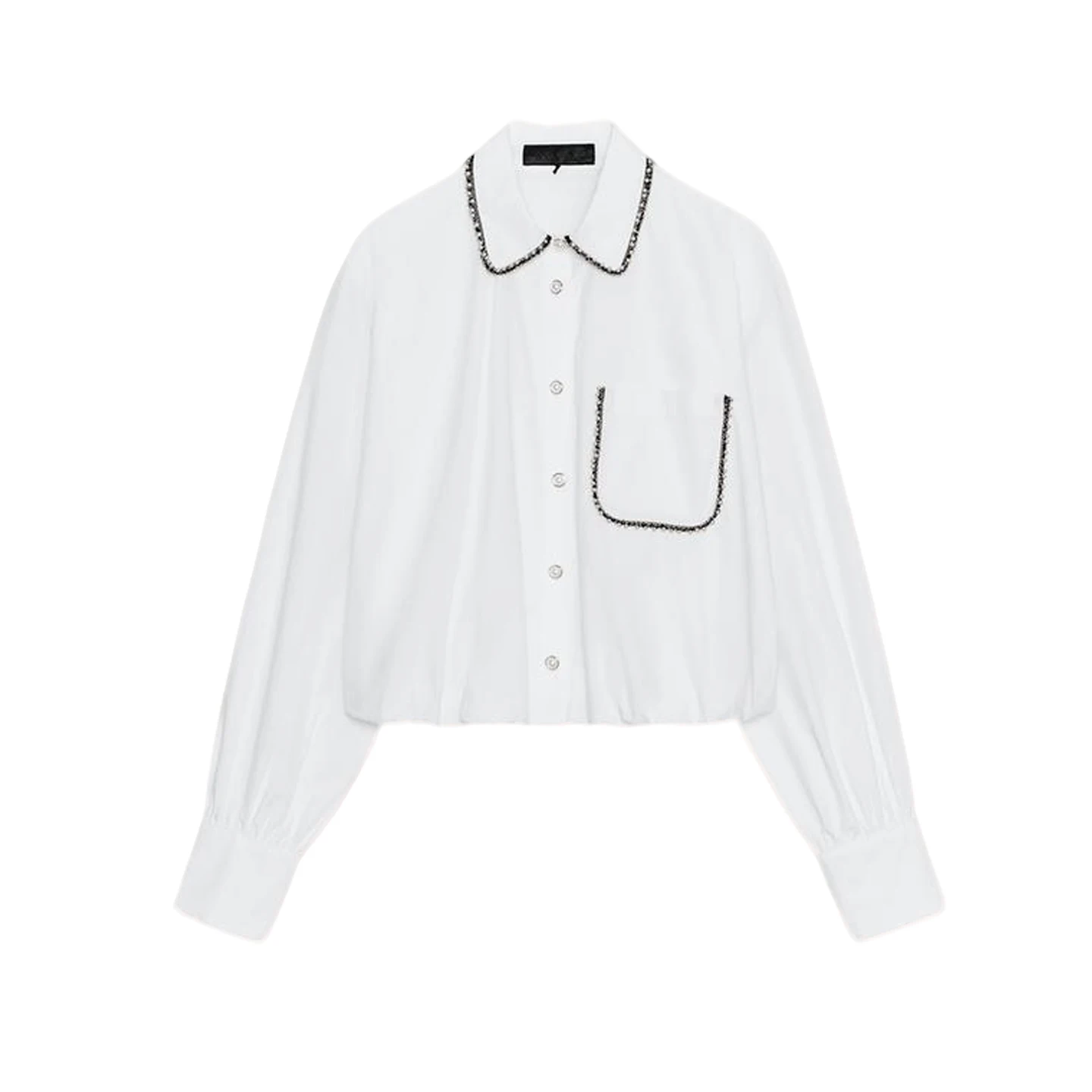 

Elastic Bubble Hem Long Sve Turn-down Collar Beaded Satin Women's irt Autumn New Arrival Commute Sle Breathable Polyester