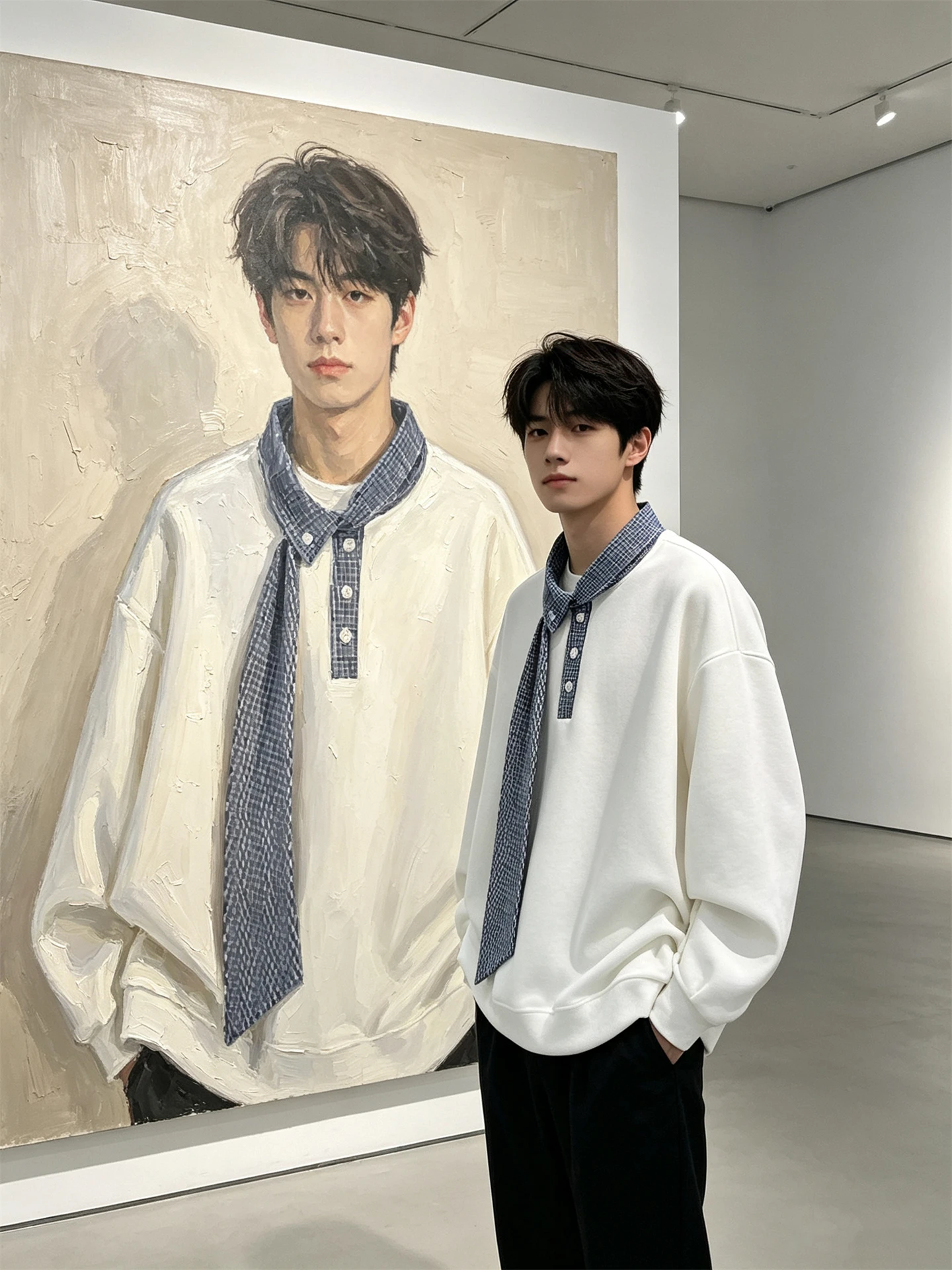 American Plaid Collar Patchwork Henry Collar Sweatshirt Men Women Autumn Small Design Trendy Large Size Long Sleeve Top