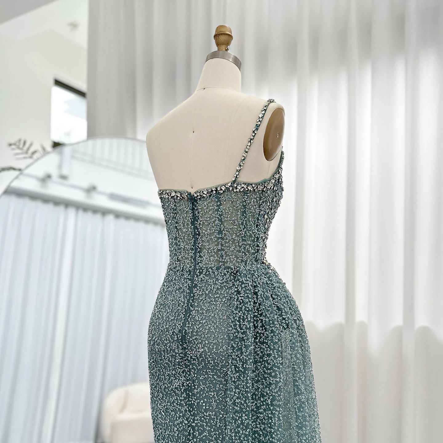 Sharon Said Sparkly Crystal Turquoise Een Schouder Zeemeermin Avondjurken met Overrok Bruiloft Jurken SS698 Aangepast