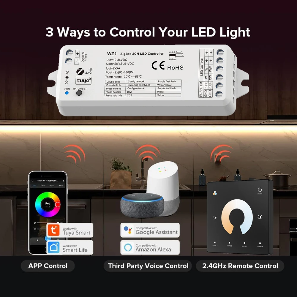Zigbee Smart COB CCT Led Strip Full Kit SMD COB Dimmable Strip 2.4G RF Touch Panel Remote APP Control for Alexa Google Assistant