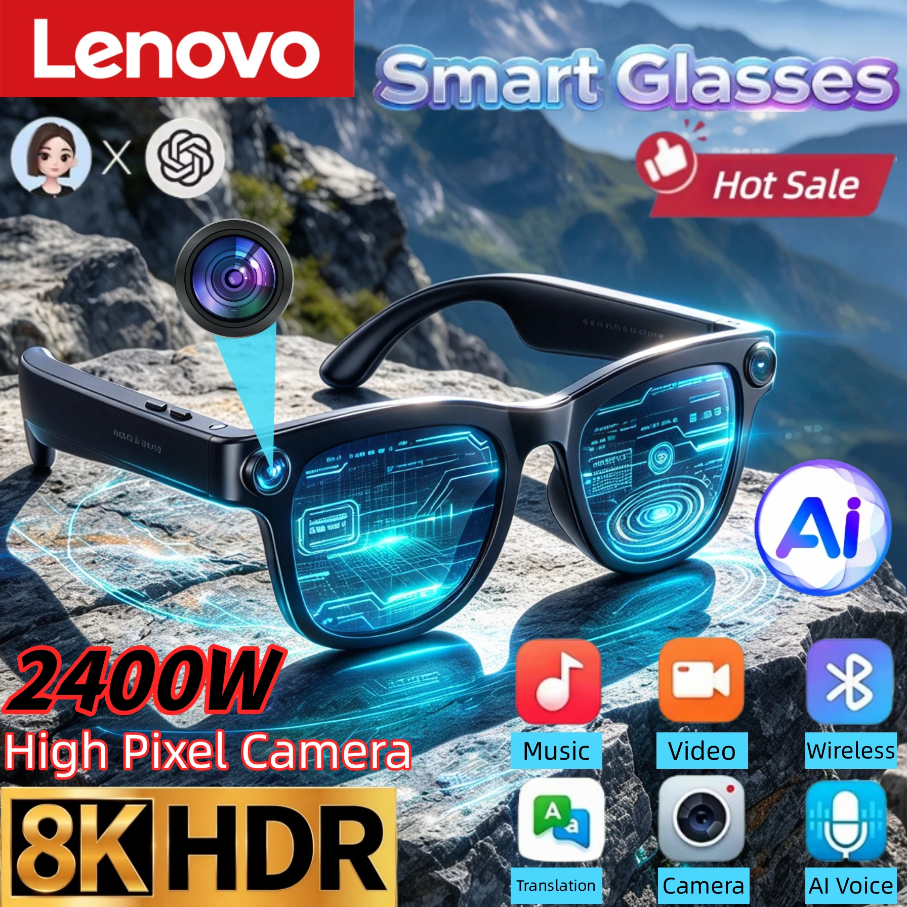 Lenovo New Upgrade Smart AI Glasses 2400W HD 8K Shooting Camera Photo Voice Call Translation Bluetooth AI Motorcycle Glasses