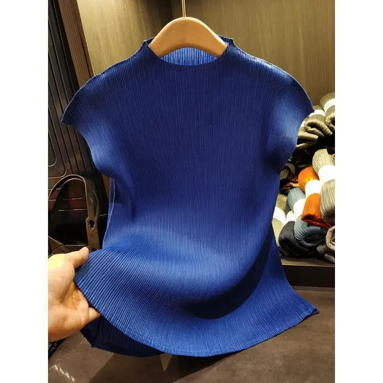 Miyake Style Pleated Women Top Mock Neck Cap Sleeve Solid Elastic Pleats Irregular Hem Casual Blouse