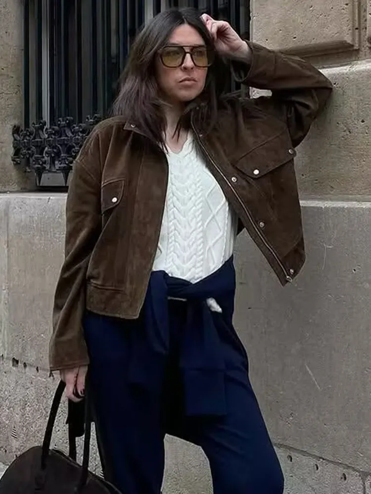 

HH осенне-зимние куртки для женщин, повседневное однотонное замшевое пальто, куртка-бомбер на молнии с длинными рукавами, модная офисная женская верхняя одежда с карманами