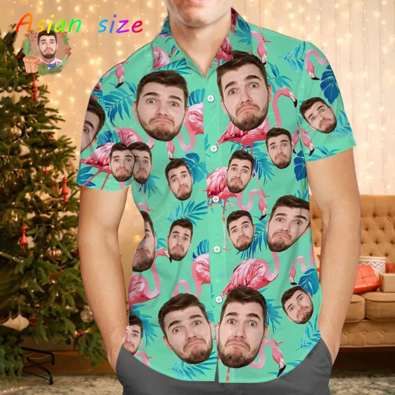 مخصص الوجه قميص هاواي صيفي للجنسين مضحك شخصية ثلاثية الأبعاد طباعة زر قمصان شجرة بلام قصيرة الأكمام التلبيب قمصان DIY البلوزات القمم
