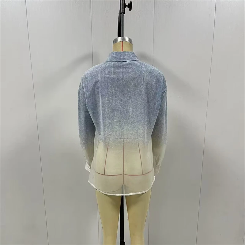 KEYANKETIAN Spring/Autumn New Women's Gradient color Denim Patchwork Chiffon Shirt Single Breasted Long Sleeve Loose Blouses Top