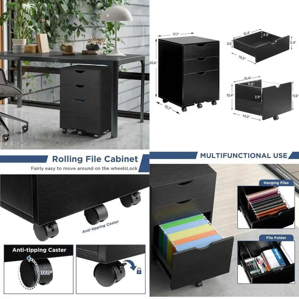 

Черный передвижной шкаф для хранения для домашнего офиса, подставка для принтера и место для хранения документов формата Letter-Size