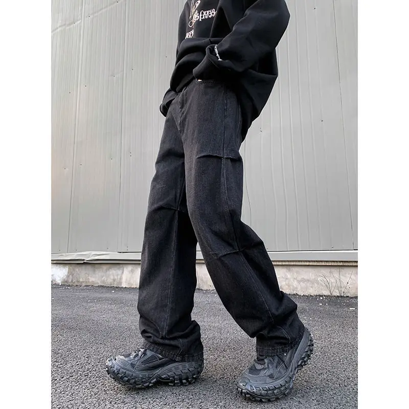 Autumn Winter Heavy Washed Distressed Jeans Men's Clean Fit Loose Straight High Street Casual Denim