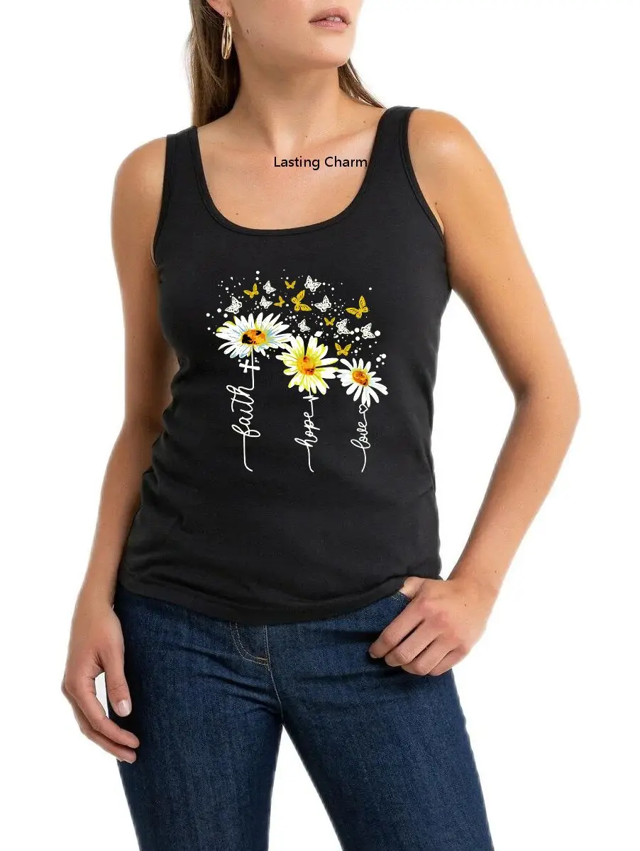 

Fashion Faith Hope Love Flower Butterfly Printing Tank Top Women Summer Breathable Slim Yoga Sport Sleeveless Tee