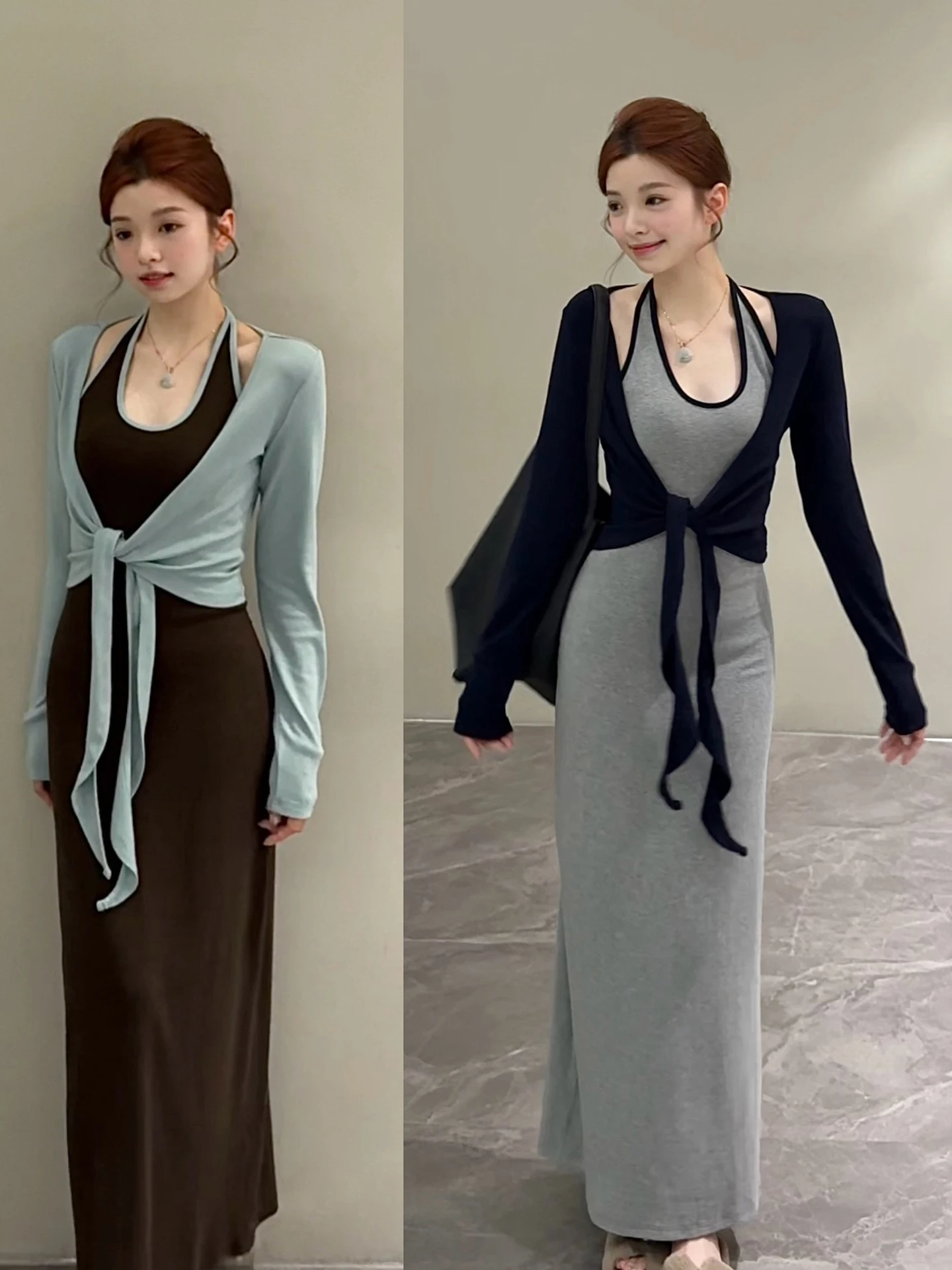 Song Autumn New U Collar Waist Inward Open Cardigan Color Collision Atmosphere Hanging Neck mid Length Dress Set DT2601