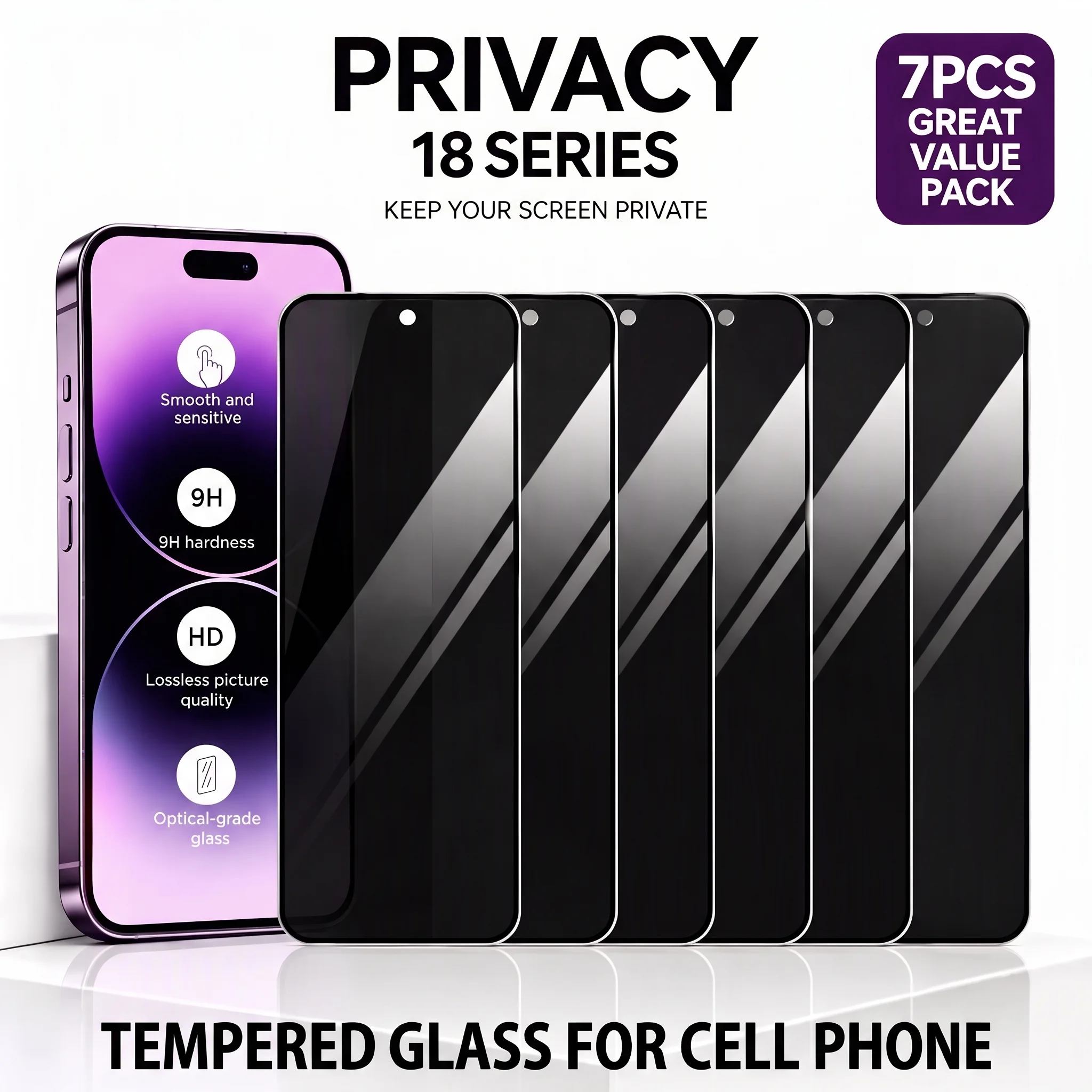 7‑Piece Pack Of Privacy‑Protecting Tempered Glass Screen Protector, Suitable For IPhone 18 Pro Max/Pro/18‑11 Series, Featuring High‑Definition Transparent Visuals, Easy Installation, And Effective Privacy And Security Protection
