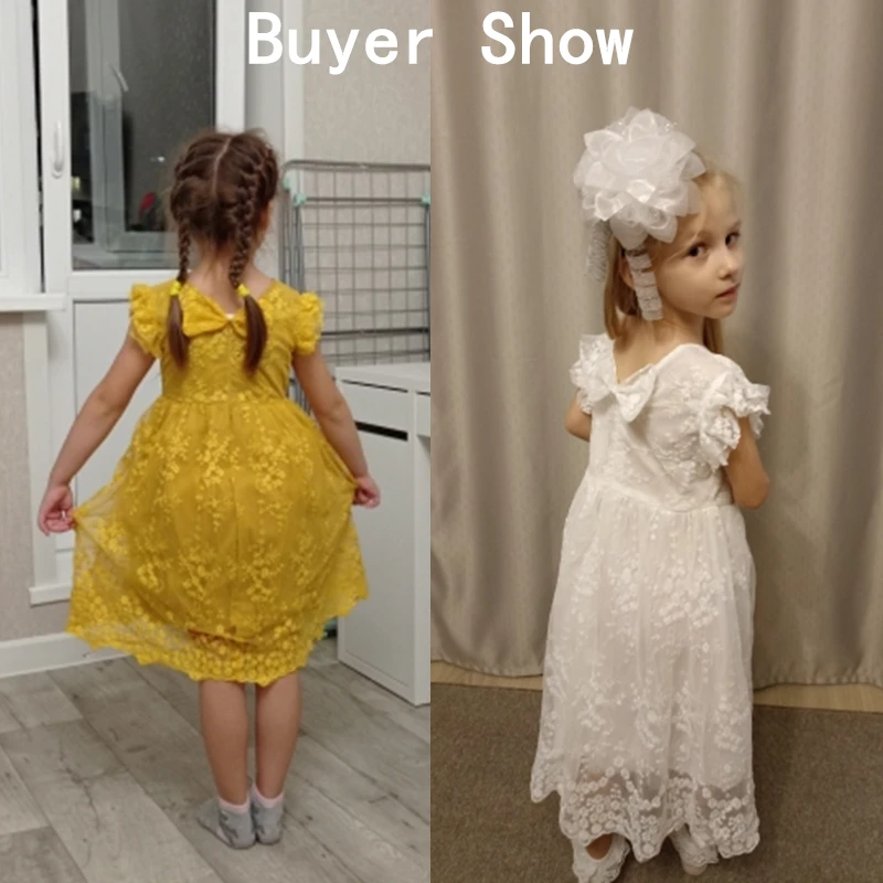 Elegant Girl Flower Lace Dress Kid White Bohemia Tulle Gown Cute Baby Girl Birthday Evening Party Princess Dress Children Clothe