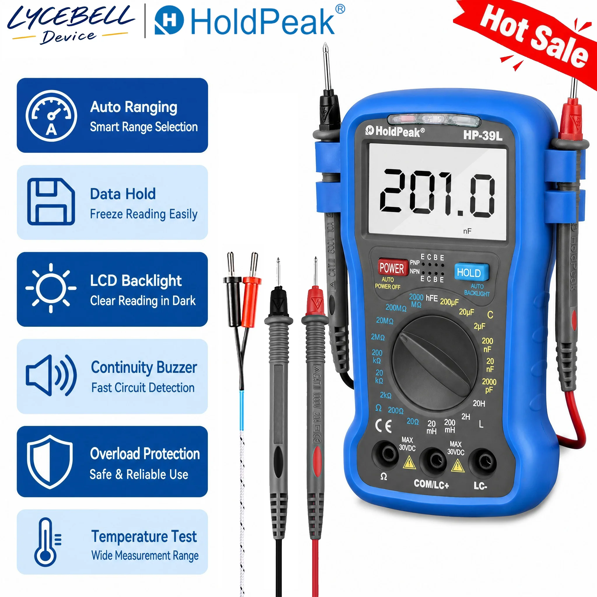 LCR Multimeter Capacitance Inductance Resistance Meter 3 1/2 Digital Handheld LCR Tester with Transistor HFE Test, Data Hold