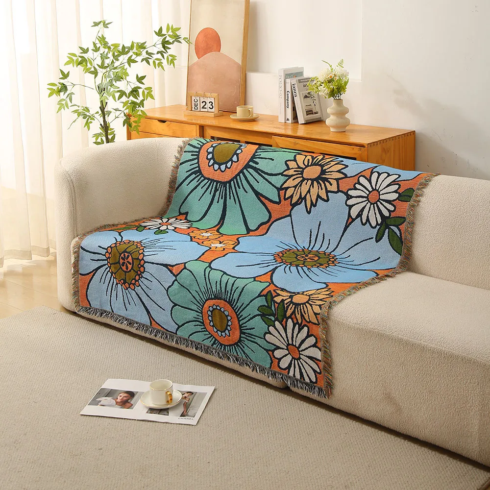 Bohemian Rustic Flowers Design Woven Throw Blanket Outdoor Camp Beach Towels Sofa Chair Cover Mat Rug Tassels Tapestry Bedspread