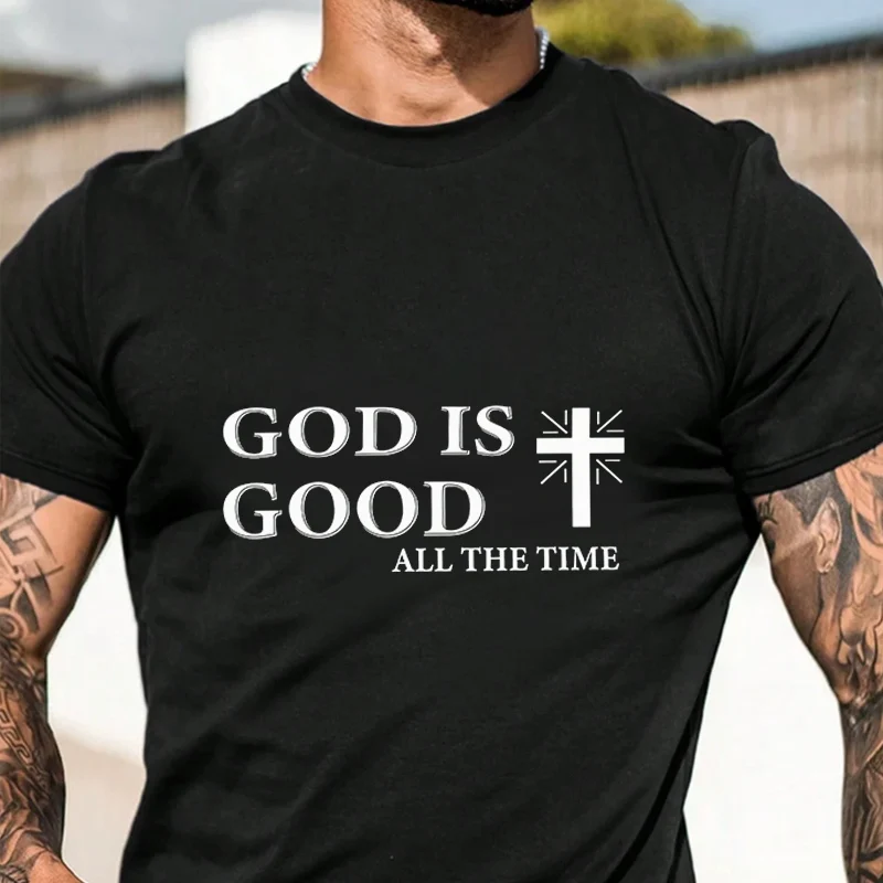 

Manfinity Roughcore God Is Good Men's Graphic Print T-Shirt Fashionable Casual Street Style Suitable For Travel And Sports Tee