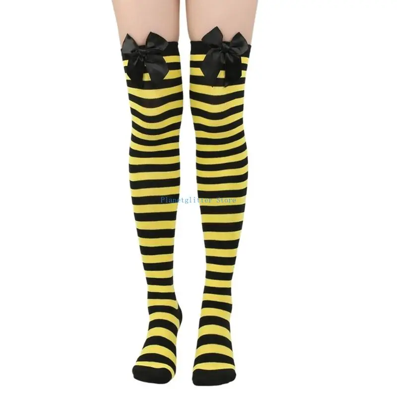 652B Women’s Stretchy Over The Knee Socks Fashionable Bows Embellishment Soft Polyester Blend Long Socks For Casual Or Party