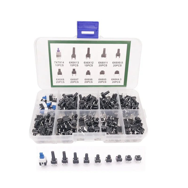 10kinds 180PCS 6*6 Tact Switch Tactile Push Button Switch Kit Height: 4.3MM~13MM DIP 4P Micro Switch 6x6 Key Switch