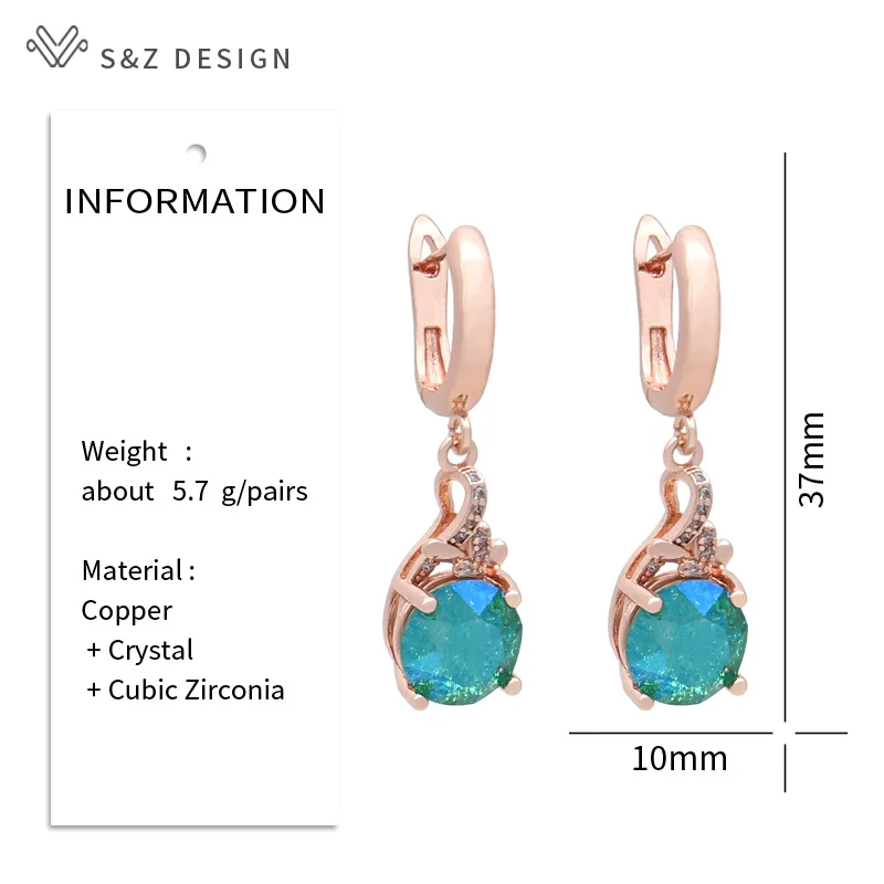 S&Z DESIGN New Fashion Round Crystal Dangle Earrings For Women 585 Rose Gold Color Cubic Zirconia Wedding Party Jewelry Gift