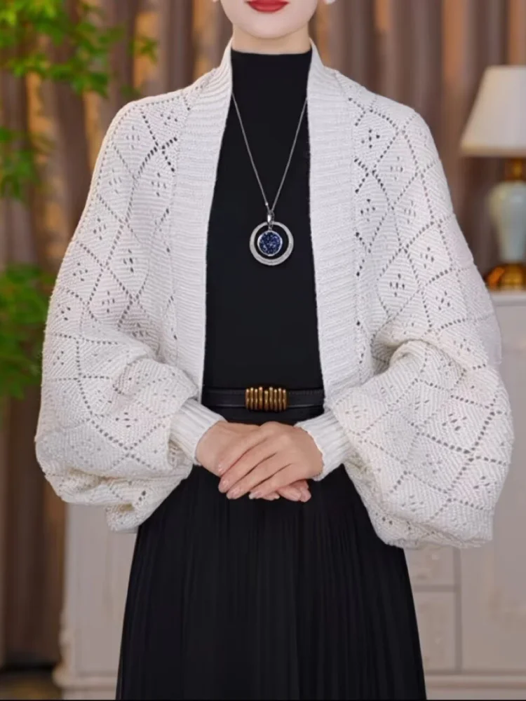 Women's Knitted Shawl  Spring Autumn Fashion Warm Checkered Open Cardigan Outerwear Slim Long Sleeve Daily Use Solid Shawl Tops