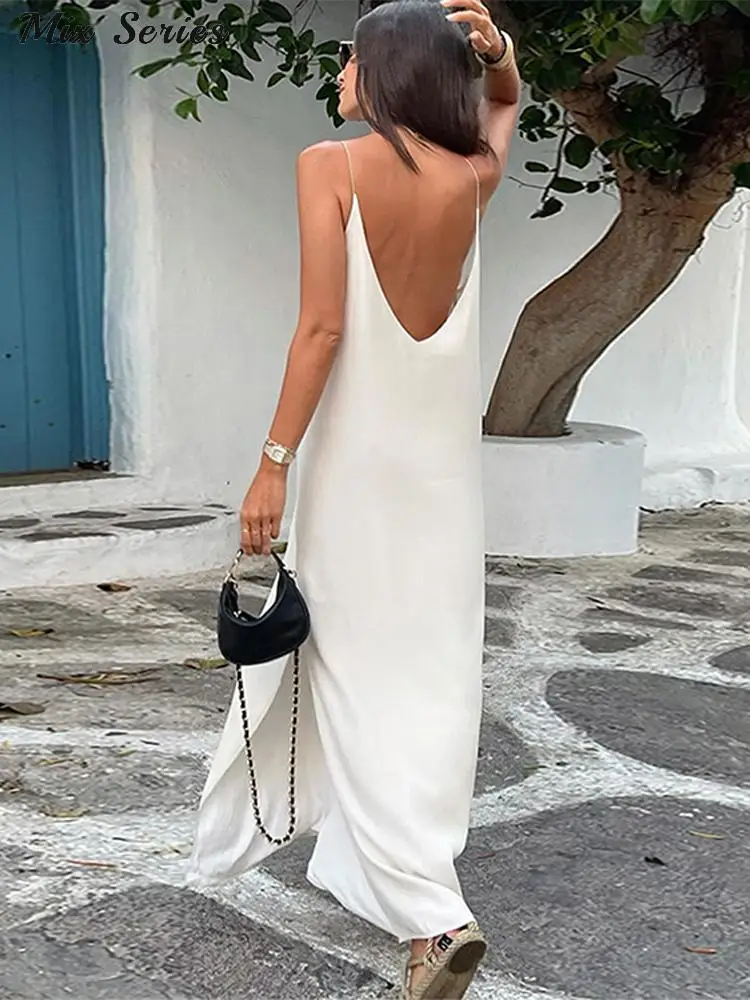 Sexy Split White Sling Dress Women Elegant Loose V-neck Backless Sleeveless  Long Dresses 2024 Summer Female Vacation Beach Robes - AliExpress 200000345