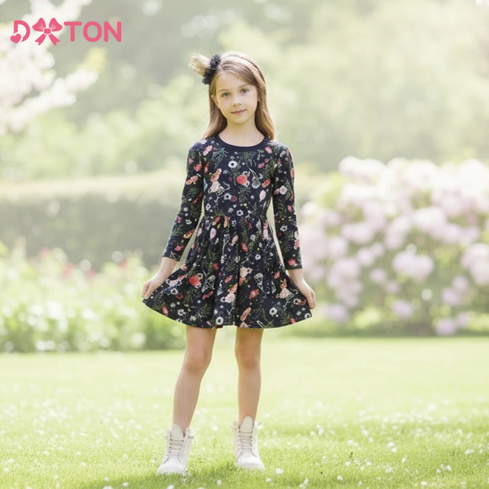 DXTON Winter Children Dresses Girls Casual Long Sleeve Dress Floral Print Kids Vestidos Warm Cotton Toddler Baby Girls Clothing