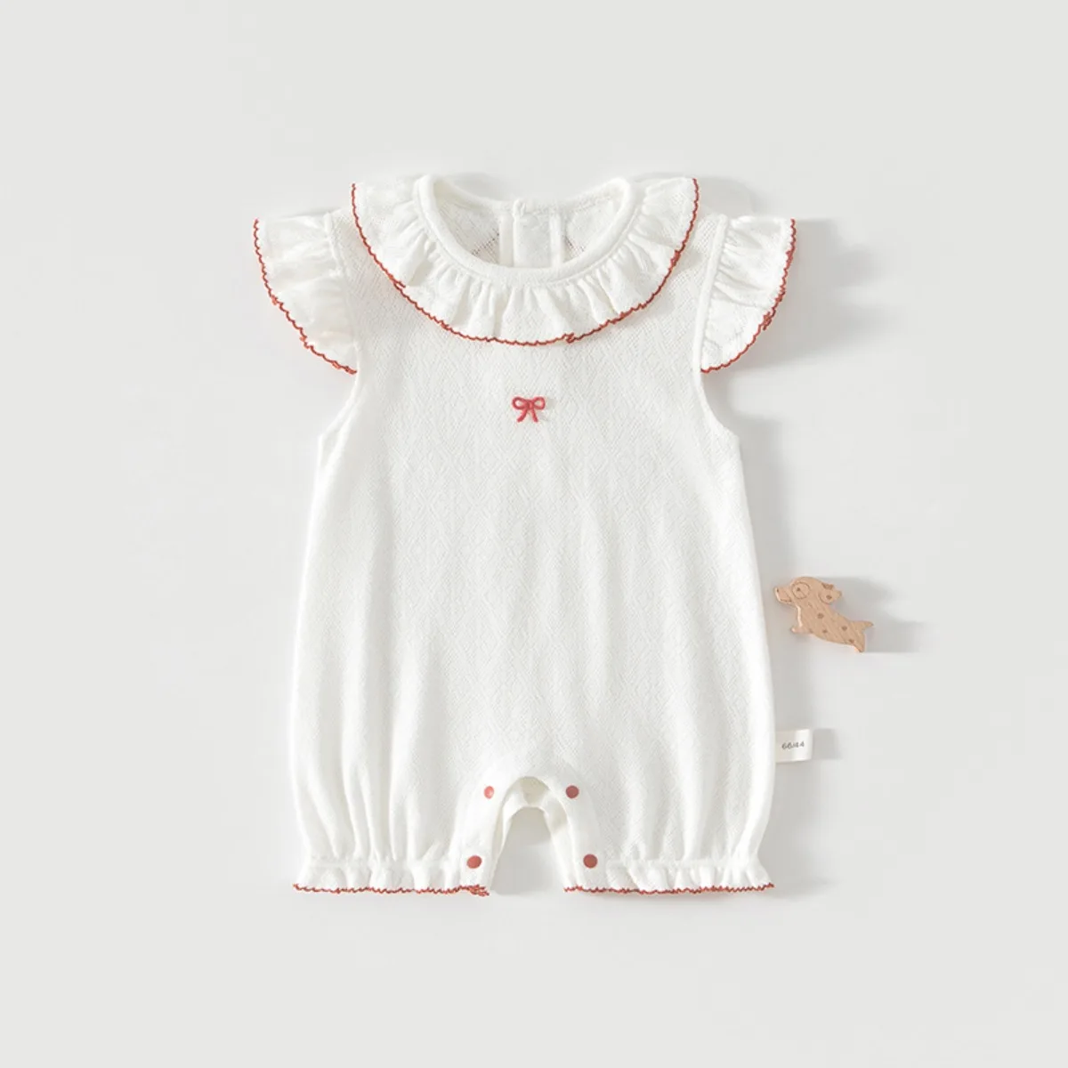 Summer Princess Baby Girl Romper Cotton Short Sleeve Bodysuit with Ruffled Collar & Bow Soft Breathable Newborn Clothes 6-18M