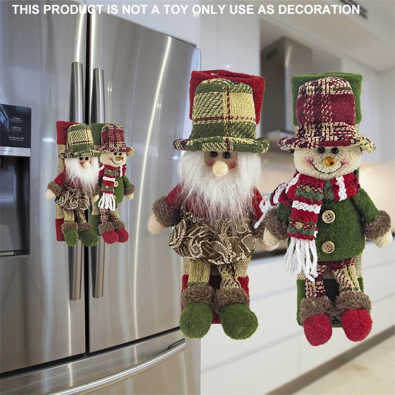 Christmas Refrigerator Handle Covers, Santa and Snow Figure Set of 2 in Soft Fabric for a Holiday Kitchen Appliance B03E