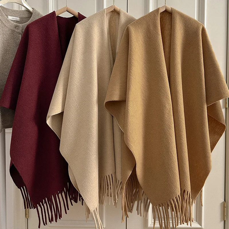 2025 nuevo Poncho de viaje Bufanda cálida para mujer 2025 manta gruesa de lujo Bufanda de invierno chal color sólido nuevas abrigos estolas femeninas