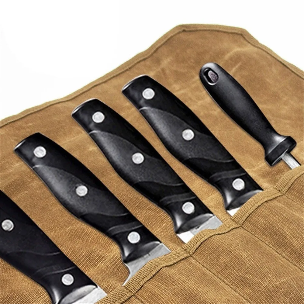 Vintage Portable Chef Tools Storage Bag Waterproof Wet Wax Canvas Chef Tools Carrier Minimalist Roll-Up Design Roll Bag