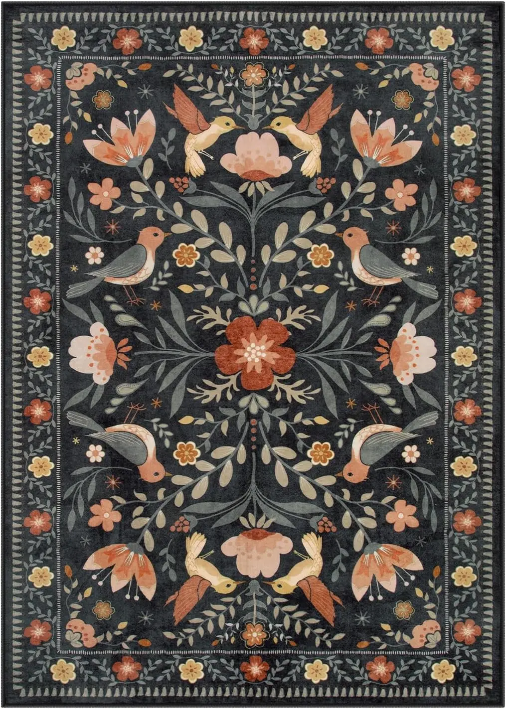 Large 10x12 Transitional Floral Bird Print Area Rug Non‑slip Carpet Fit for Open Floor Living Dining Spaces Black Home Decor