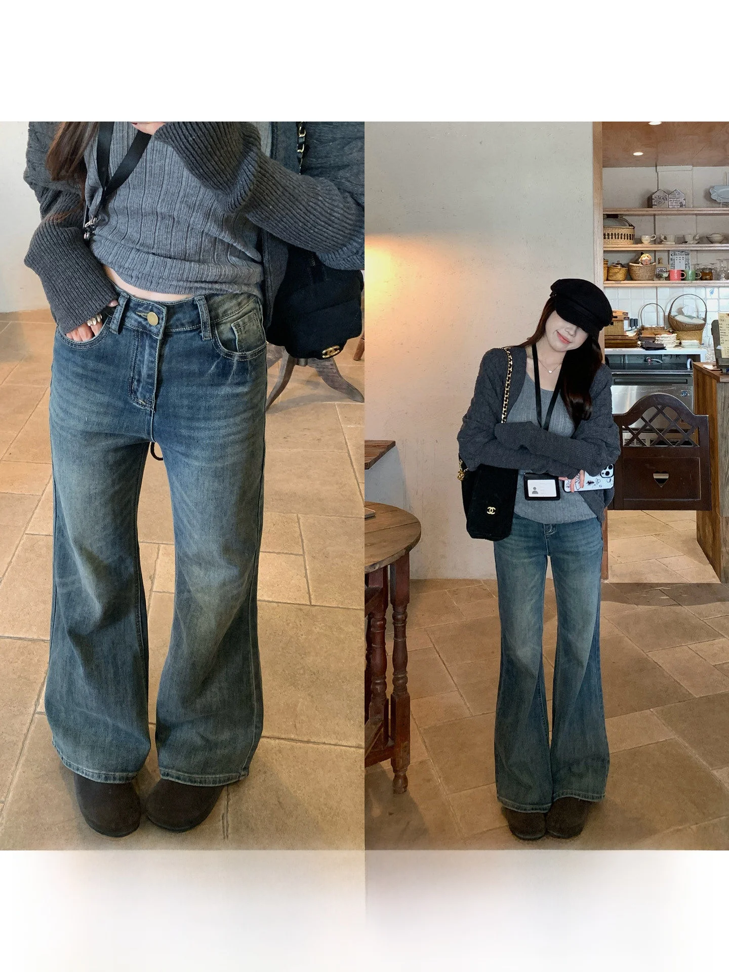 

Retro High Waist Bell Bot Denim Jeans Women's Slimming Long Leg Effect Waed American Sle Casual Cotton Stretch Jeans