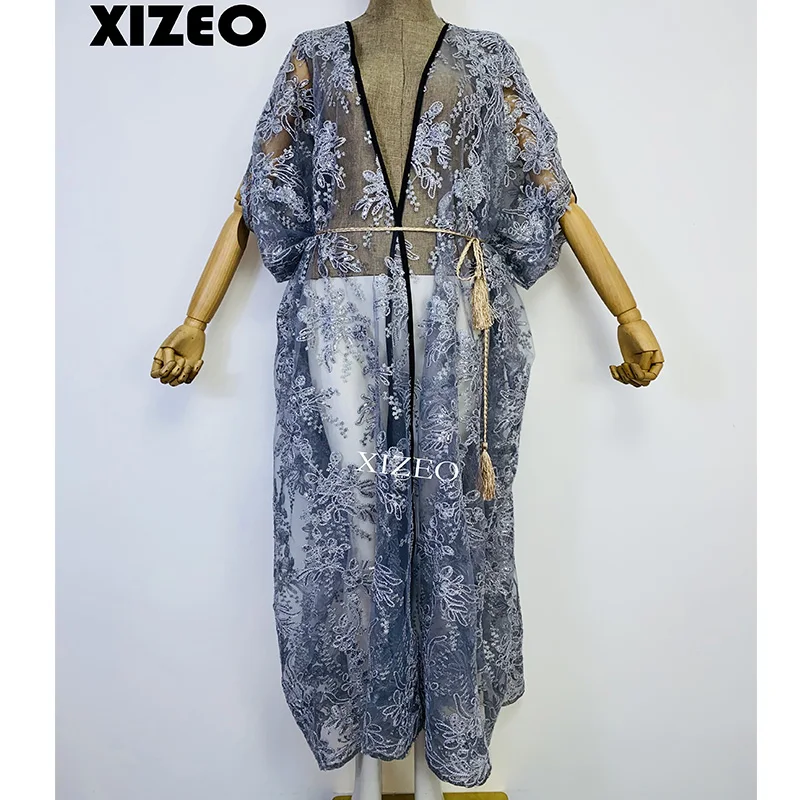 XIZEO Elegant Autumn Winter Women Cardigan Kaftan Transpare African Holiday Free Size Long Sleeve Party Wedding Gift Kimono