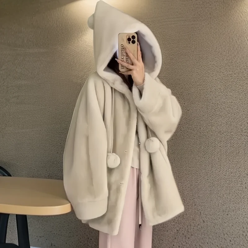 

Женское осенне-зимнее утолщенное длинное пальто ведьмы с капюшоном, имитация норки, плюшевое пальто, интегрированное меховое пальто