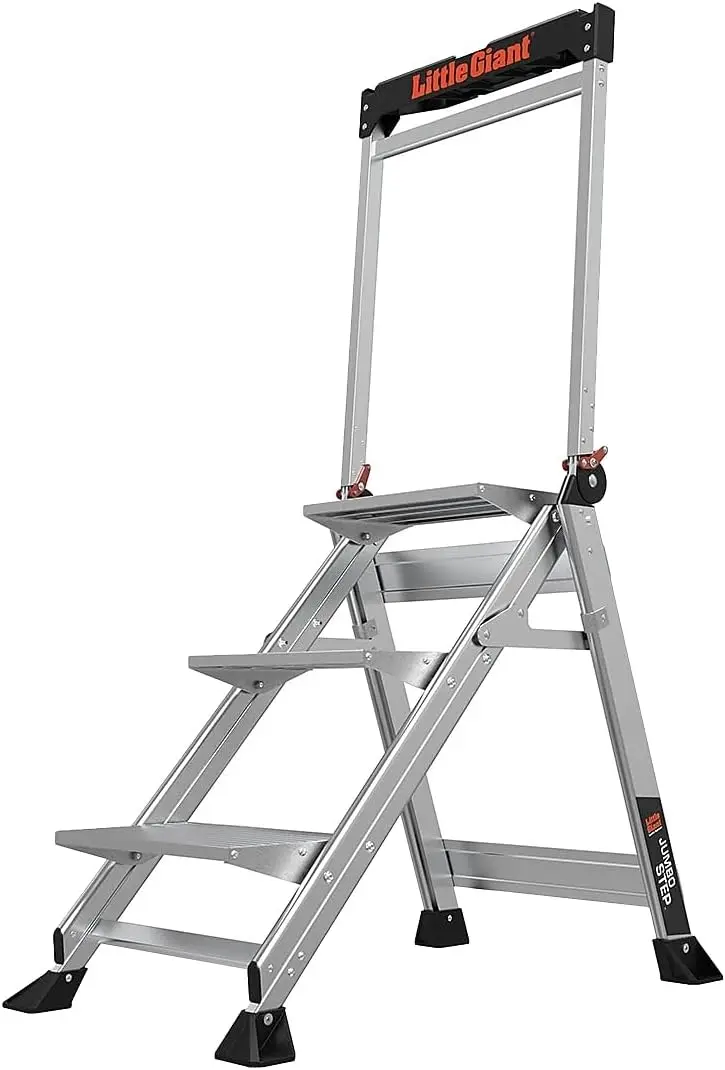 

Foldable 3-Step Aluminum Stool, 375 lbs Capacity, 8.7 Ft Reach with Handrail & Tool Tray