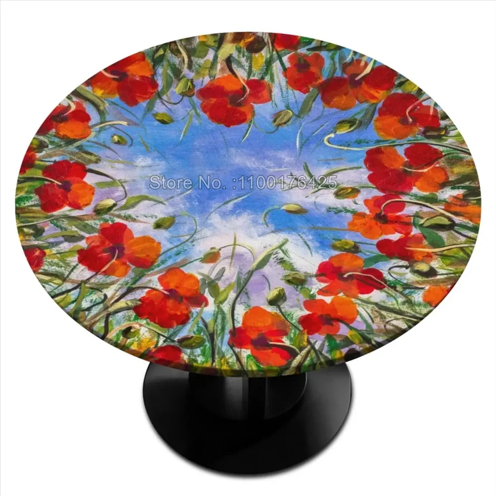 Flowers Floral Red Round Fitted Tablecloth with Elastic Edged Waterproof Table Cover Kitchen Dinning Tabletop Decoration