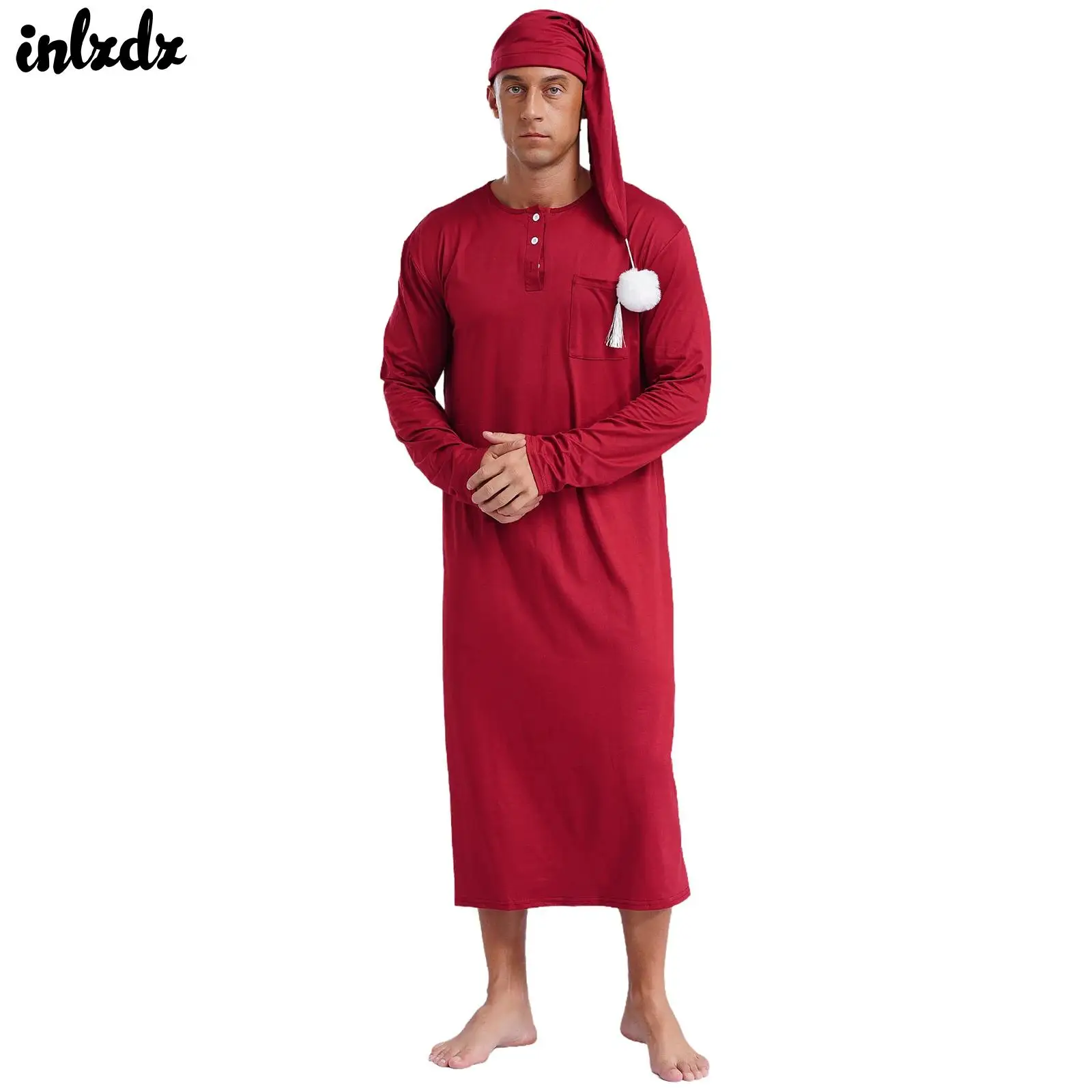 Mens Robe Sleepwear Loose Sleep Wear Sissy Nightwear Long Sleeve Long Robe Pajamas Pointed Hat with Pom-pom Sleep Robe with Hat