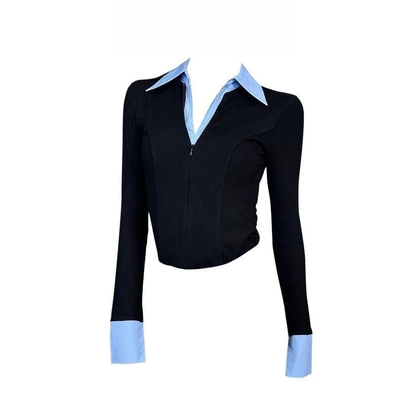 

Женская приталенная базовая футболка Spicy Girl Premium с контрастными вставками, на раннюю осень, из полиэстера, с длинным рукавом