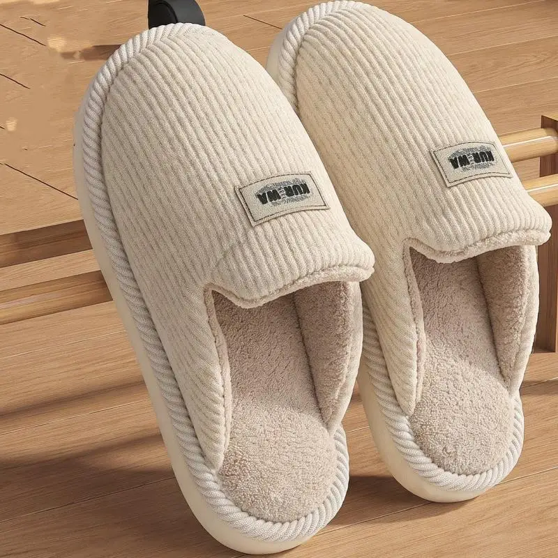 Winter Striped Fleece-lined Cotton Slippers Lady Soft Sole Warm Plush House Slippers Women Anti Slip Plus Size 44 Slides Shoes