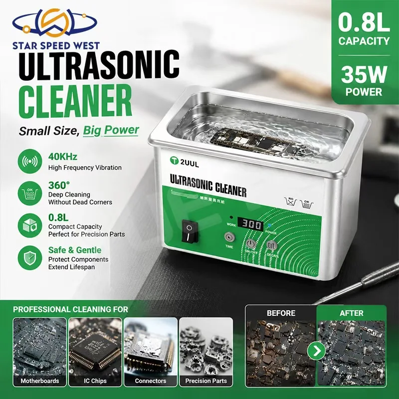 2UUL SS01 Ultrasonic Cleaner 0.8L 40KHZ 35W for Phone Motherboards Precision Components Deep Cleaning 360° High Frequency
