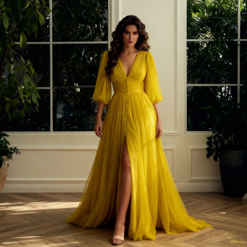 

V Neck Long Sleeves Prom Dresses Buttons Elegant Gowns Gala Occasion Yellow Dress for Photo Shoot Wedding Dresses for Parties